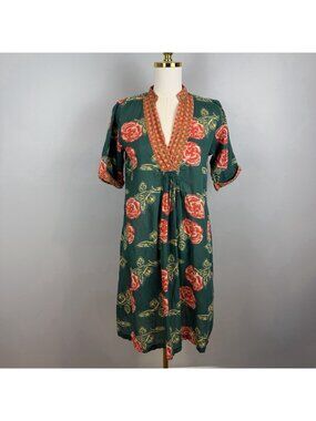 Lisa Corti Tunic Dress Womens‎ Size Medium Green Floral V Neck Short Sleeve